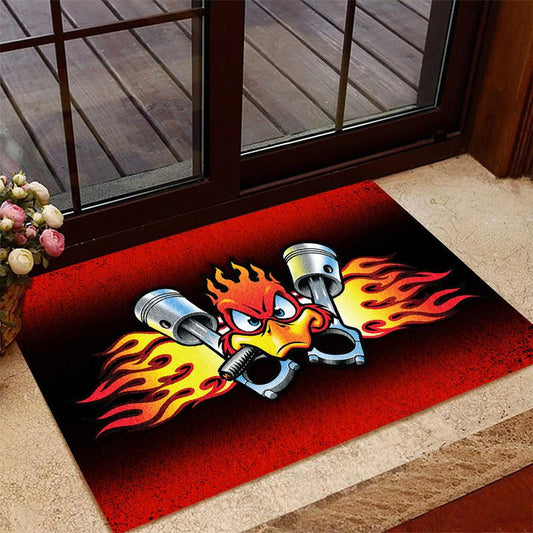 BlueJose Flaming Rooster Crossed Pistons Doormat – Hot Rod Garage Red Flame Door Mat