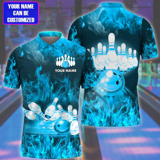 BlueJose Bowling Flame Pattern Multicolor Customized Name 3D Polo Shirt, Personalized Shirts For Bowling Players