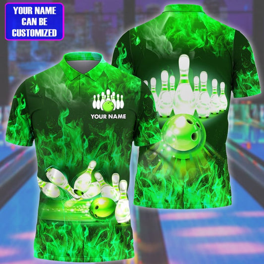 BlueJose Bowling Flame Pattern Multicolor Customized Name 3D Polo Shirt, Personalized Shirts For Bowling Players