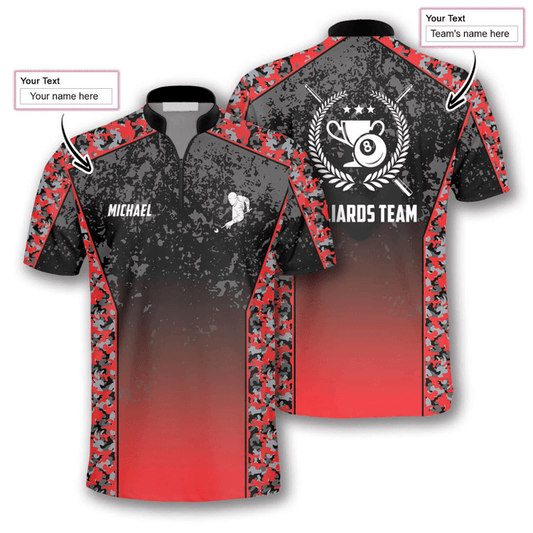BlueJose Gradient Red Camouflage Billiard Custom Name Zipper Polo Shirt