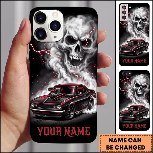 BlueJose Classic Muscle Car Burgundy Vintage Car with Silver Skull and Dark Smoke Personalized Name 3D Phone Case