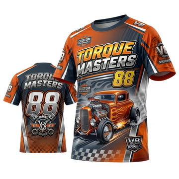 BlueJose Personalized Car Classic Muscle Car 3D T-Shirt – Torque Masters Orange Grey Street Rod