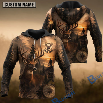 BlueJose Deer Hunting Sunset Forest Whitetail Buck Compass Multiple Options Personalized Name 3D Hoodie