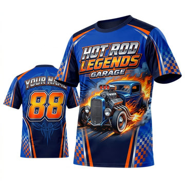 BlueJose Personalized Car Classic Muscle Car 3D T-Shirt – Hot Rod Legends Electric Blue Racing Flames