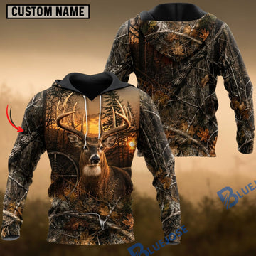 BlueJose Deer Hunting Realistic Camo Whitetail Buck Crosshair Multiple Options Personalized Name 3D Hoodie