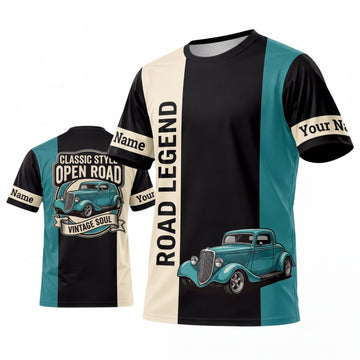 BlueJose Personalized Car Classic Muscle Car 3D T-Shirt - Cream Teal Road Legend and Classic Pickup Truck (8 colors)
