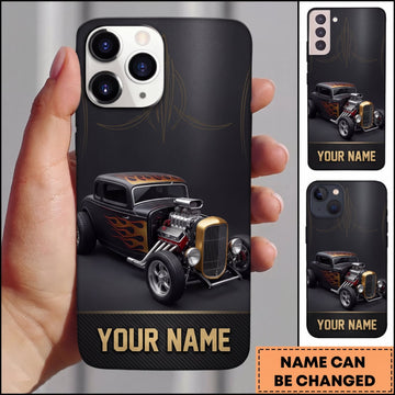 BlueJose Classic Hot Rod Black Vintage Car with Orange Flame Personalized Name 3D Phone Case