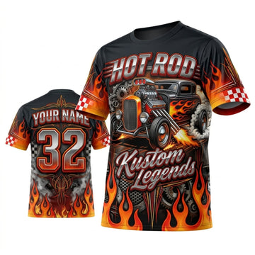 BlueJose Personalized Car Classic Muscle Car 3D T-Shirt – Hot Rod Black Orange Burning Flames