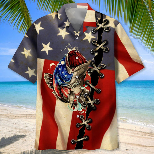 BlueJose USA Flag Bass Fishing Vintage Hawaiian Shirt