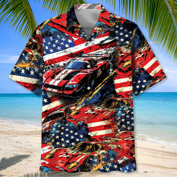 Bluejose Car Racing American Flag Hawaiian Shirt