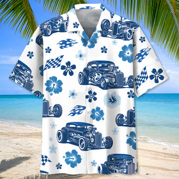 BlueJose Hot Rod Funny Blue Hibiscus Hawaiian Shirt