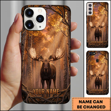 BlueJose Artist Hunting Moose Golden Autumn Birch Forest Sunset Personalized Name Phone Case