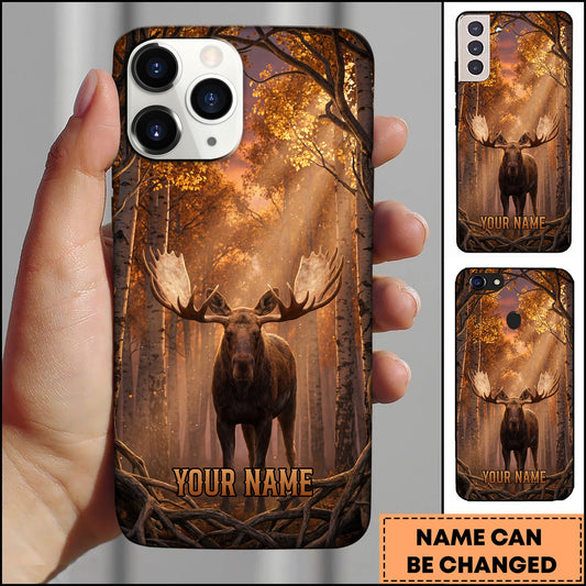 BlueJose Artist Hunting Moose Golden Autumn Birch Forest Sunset Personalized Name Phone Case