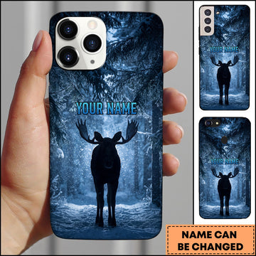 BlueJose Artist Hunting Moose Silhouette Blue Winter Snowy Forest Personalized Name Phone Case