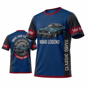 BlueJose Personalized Car Classic Muscle Car 3D T-Shirt – Navy Blue Red Classic Drive and Vintage Muscle Car