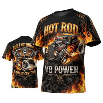 BlueJose Personalized Car Classic Muscle Car 3D T-Shirt – Hot Rod V8 Powered Black Gold Flames