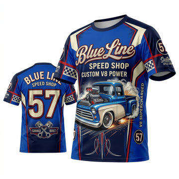 BlueJose Personalized Car Classic Muscle Car 3D T-Shirt – Blue Flame Speed Shop Vintage Hot Rod