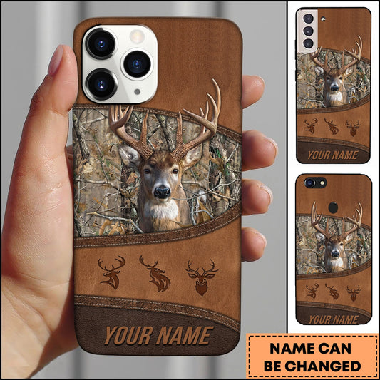 BlueJose Artist Hunting - Deer In Woods Leather Look Brown Personalized Name Phone Case