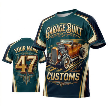 BlueJose Personalized Car Classic Muscle Car 3D T-Shirt – Garage Built Teal Gold Classic Customs