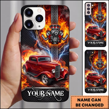 BlueJose Hot Rod Red Classic Car with Flaming Skull and Blue Lightning Personalized Name 3D Phone Case