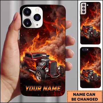 BlueJose Hot Rod Red Vintage Car with Explosive Orange Flame Personalized Name 3D Phone Case