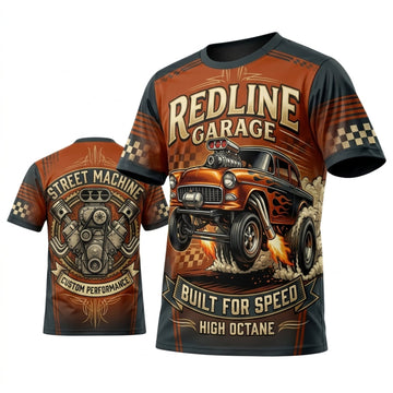 BlueJose Personalized Car Classic Muscle Car 3D T-Shirt – Redline Garage Brown Orange Built For Speed