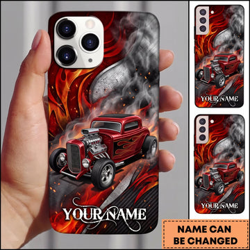 BlueJose Hot Rod Red Classic Car with Racing Flame and Gray Smoke Personalized Name 3D Phone Case