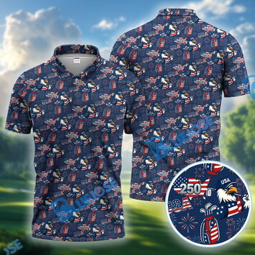 BlueJose 250 USA Birthday Pattern Golf Polos, Patriotic Bald Eagle American Flag Shirt, Crazy Golf Shirt For Men
