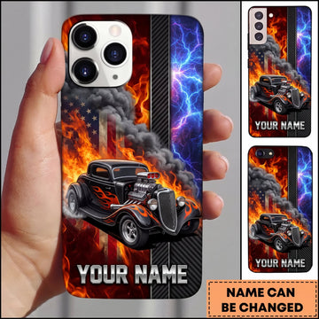 BlueJose Hot Rod Black Vintage Car with Blue and Orange Flame Personalized Name 3D Phone Case