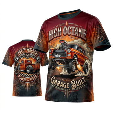 BlueJose Personalized Car Classic Muscle Car 3D T-Shirt – High Octane Burgundy Orange Garage Built