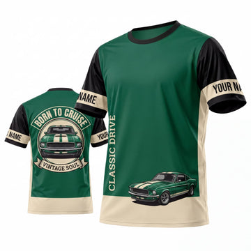BlueJose Personalized Car Classic Muscle Car 3D T-Shirt – Forest Green Cream Vintage Racing and Teal Classic Car