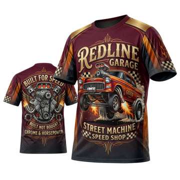 BlueJose Personalized Car Classic Muscle Car 3D T-Shirt – Redline Garage Burgundy Yellow Street Machine