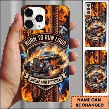 BlueJose Hot Rod Orange Classic Car with Flaming Garage Badge Personalized Name 3D Phone Case