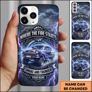 BlueJose Classic Muscle Car Blue Neon Vintage Car and Lightning Personalized Name 3D Phone Case