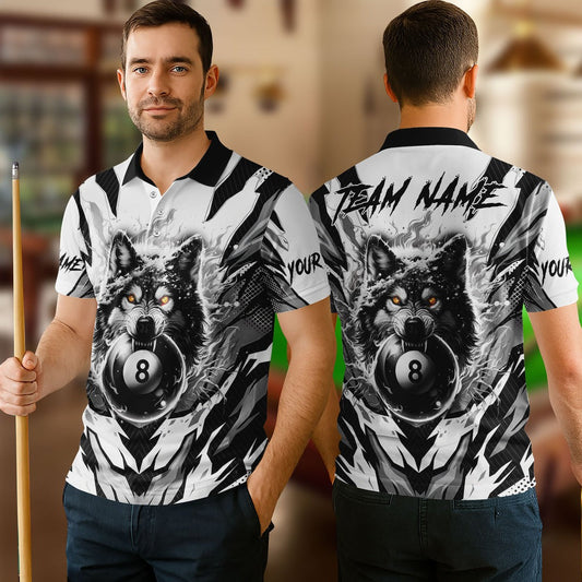 BlueJose Billiards Ball 8 Flame Wolf White Personalized Name, Team Name Unisex Shirt
