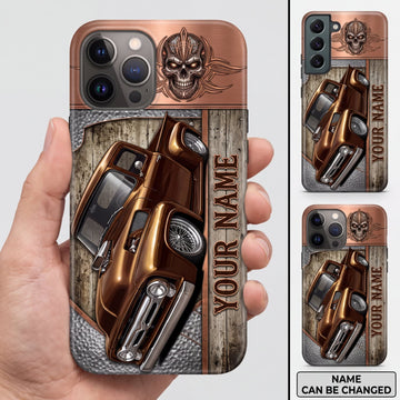 BlueJose Vintage Hot Rod Bronze Skull and Rusty Metal Design Personalized Name 3D Phone Case