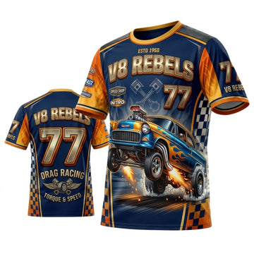 BlueJose Personalized Car Classic Muscle Car 3D T-Shirt – Road Rebels Blue Orange Classic Street Rod