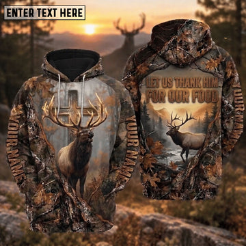 BlueJose Elk Hunting Let Us Thank Him For Our Food Faith Cross Mountain River Forest Camo Hoodie Custom Name 3D Shirt