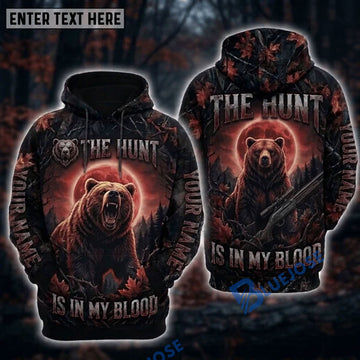 BlueJose Bear Hunting The Hunt Is In My Blood Roaring Bear Blood Moon Rifle Forest Camo Personalized Hoodie Custom Name 3D Shirt