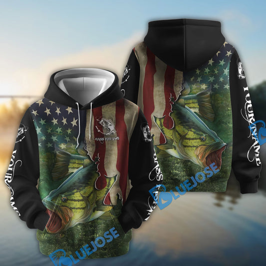 Bluejose Largemouth Bass Fishing 3D American Flag Patriotic Customize Name Fishing Shirts