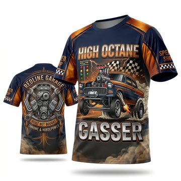 BlueJose Personalized Car Classic Muscle Car 3D T-Shirt – High Octane Navy Orange Vintage Gasser