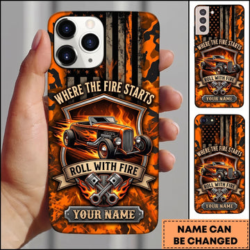 BlueJose Hot Rod Orange Flame Classic Car with Vintage Skull Badge Personalized Name 3D Phone Case