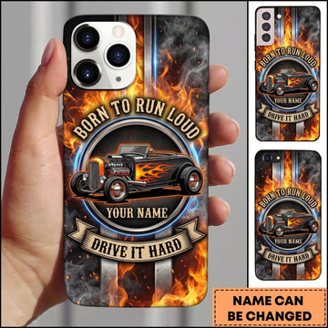 BlueJose Hot Rod Black Classic Car with Orange Flame and Vintage Garage Personalized Name 3D Phone Case