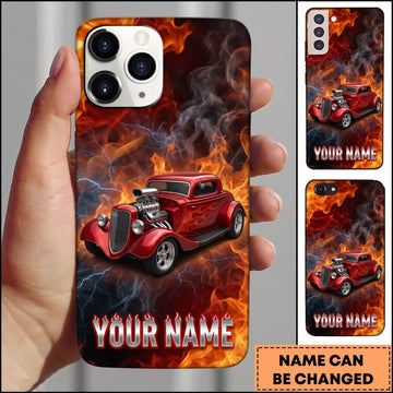 BlueJose Hot Rod Red Classic Car with Explosive Flame and Dark Smoke Personalized Name 3D Phone Case