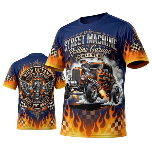 BlueJose Personalized Car Classic Muscle Car 3D T-Shirt – Street Machine Blue Orange High Octane Flames