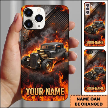 BlueJose Hot Rod Black Vintage Car with Golden Fire and Smoke Personalized Name 3D Phone Case