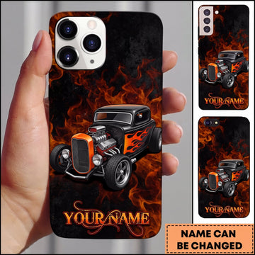BlueJose Hot Rod Black Vintage Car with Orange Flame and Dark Background Personalized Name 3D Phone Case