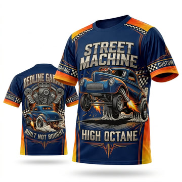 BlueJose Personalized Car Classic Muscle Car 3D T-Shirt – Street Machine Navy Orange High Octane