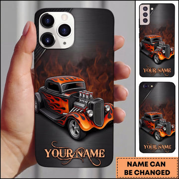 BlueJose Hot Rod Red Classic Car with Fiery Engine and Smoke Personalized Name 3D Phone Case