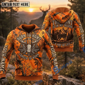 BlueJose Deer Hunting Born To Hunt Forced To Work Deer Skull Crosshair The Hunt Is In My Blood A Way Of Life Orange Camo Hoodie Custom Name 3D Shirt